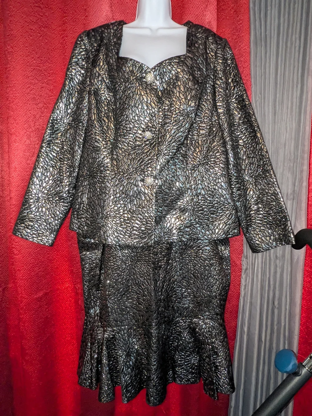 Ashro Metallic Black and Silver Textured Skirt Suit Set